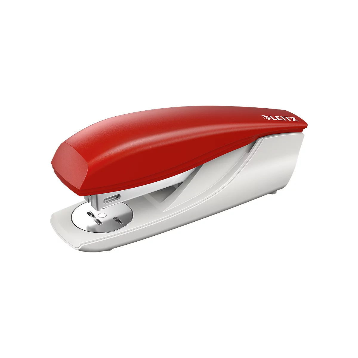 A red and white stapler. Red lid, white housing, LEITZ logo.