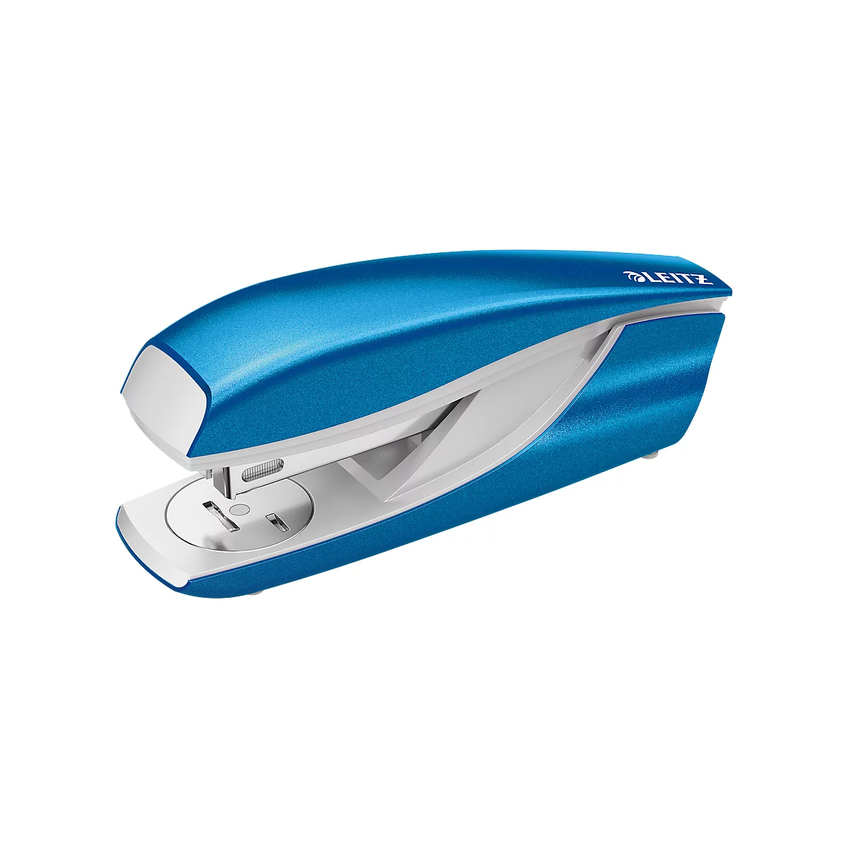 Blue stapler, white accent, Leitz logo. The stapler is slightly angled, the details are clearly visible.