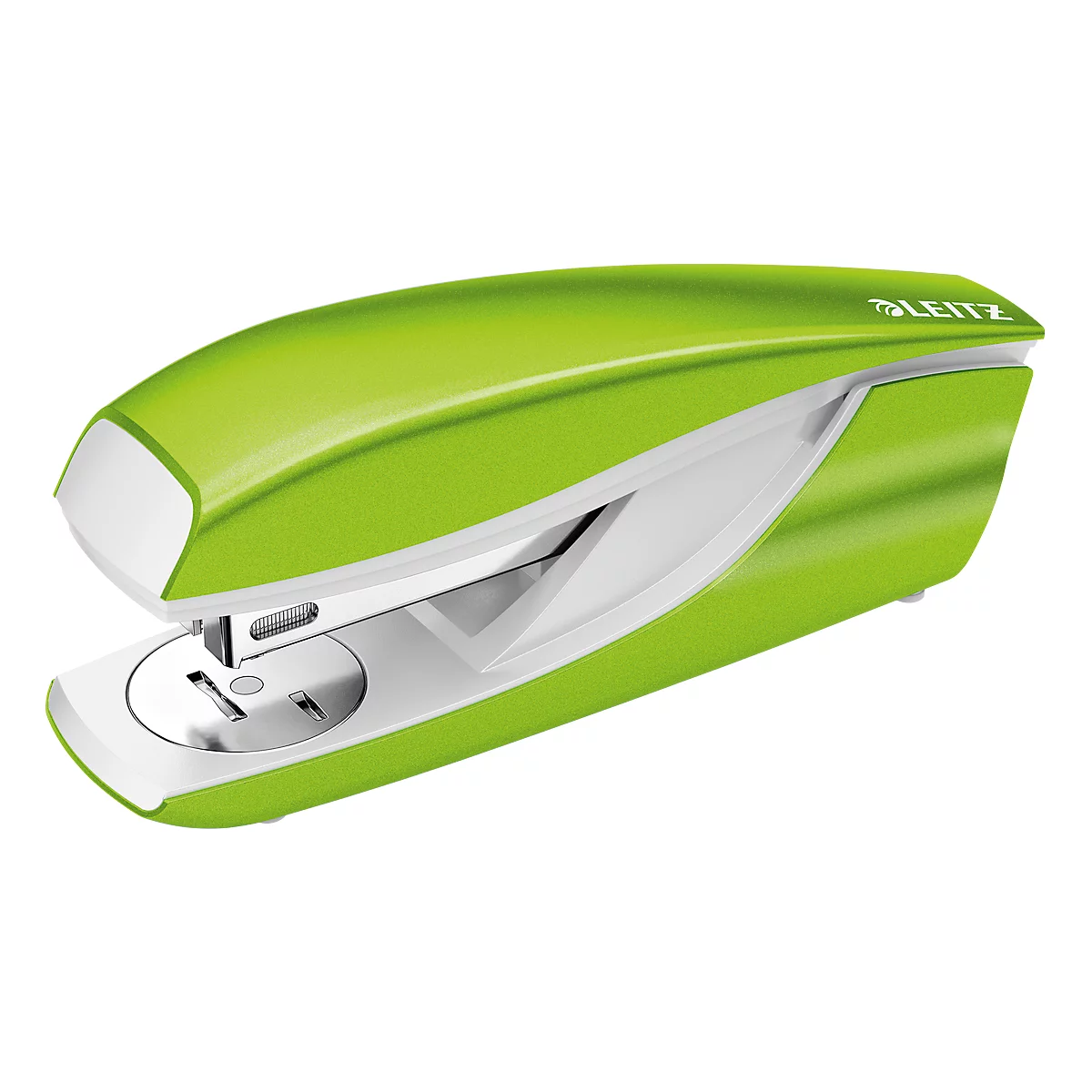 A green stapler with white accents and the Leitz logo. Close-up, frontal view.