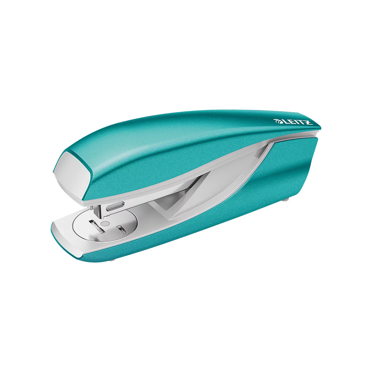 Teal and white stapler, LEITZ logo, close-up.