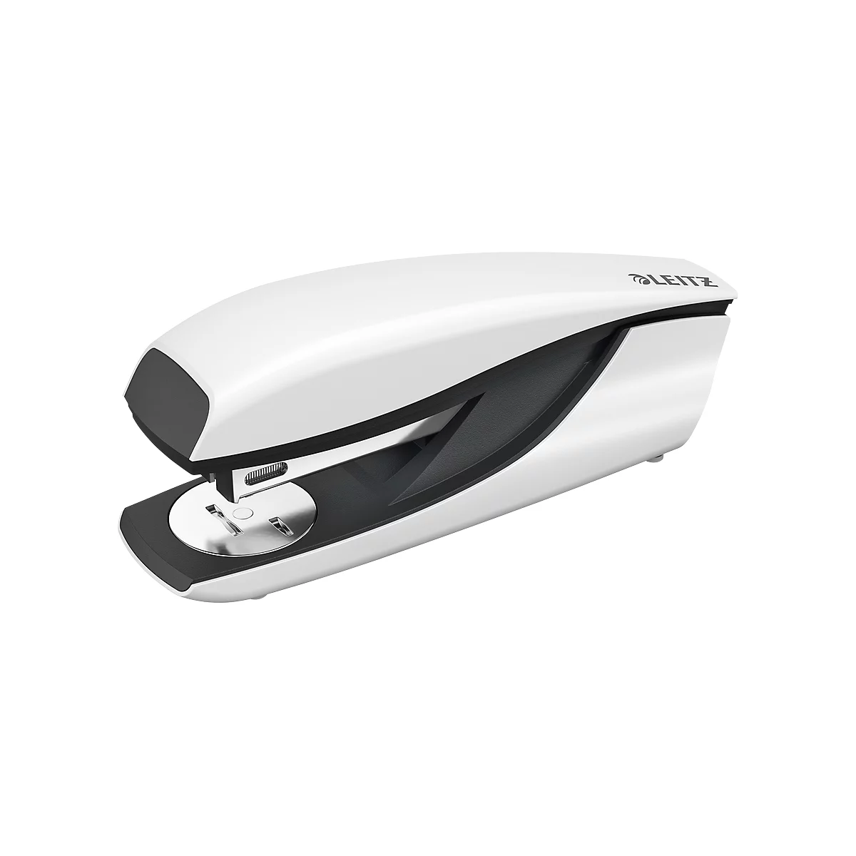 White stapler by Leitz. Top and bottom are white, with gray accents. The Leitz name is visible on the top right.