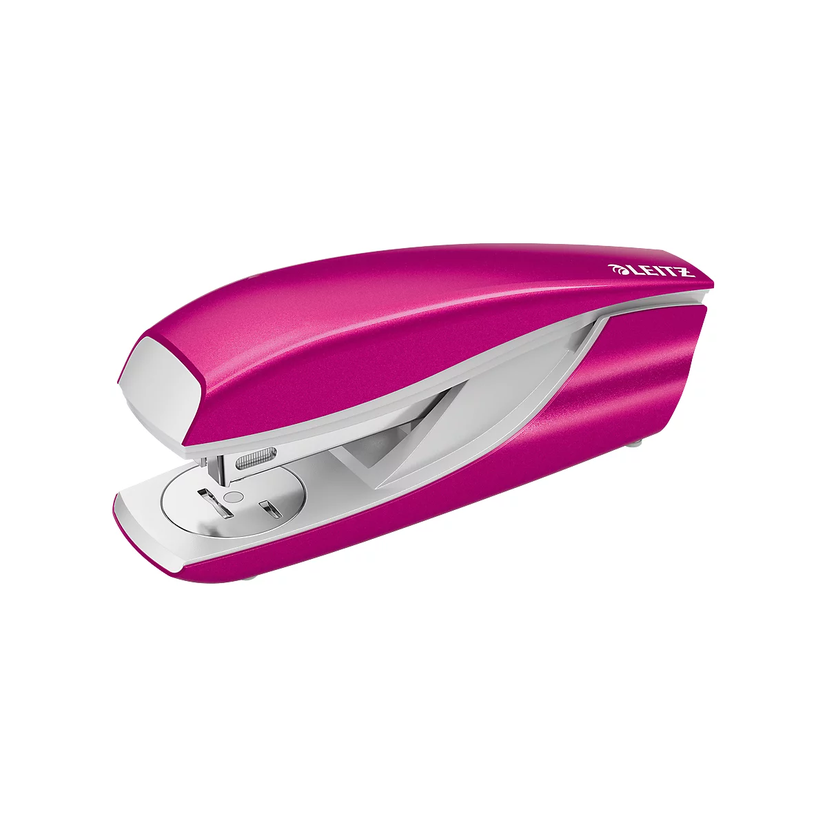 A pink stapler with white accent, viewed from the front. The Leitz logo is printed on it.