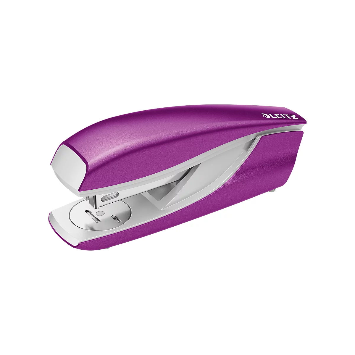 Purple stapler with white accents and Leitz logo.