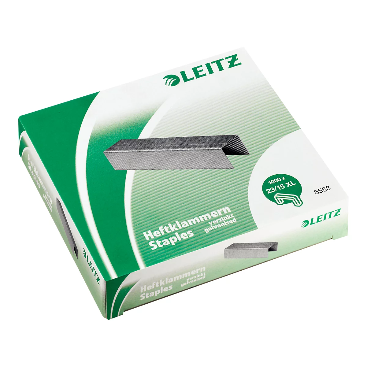 Box of Leitz staples, 23/15 XL, galvanized. A staple is next to it. Green and white design.