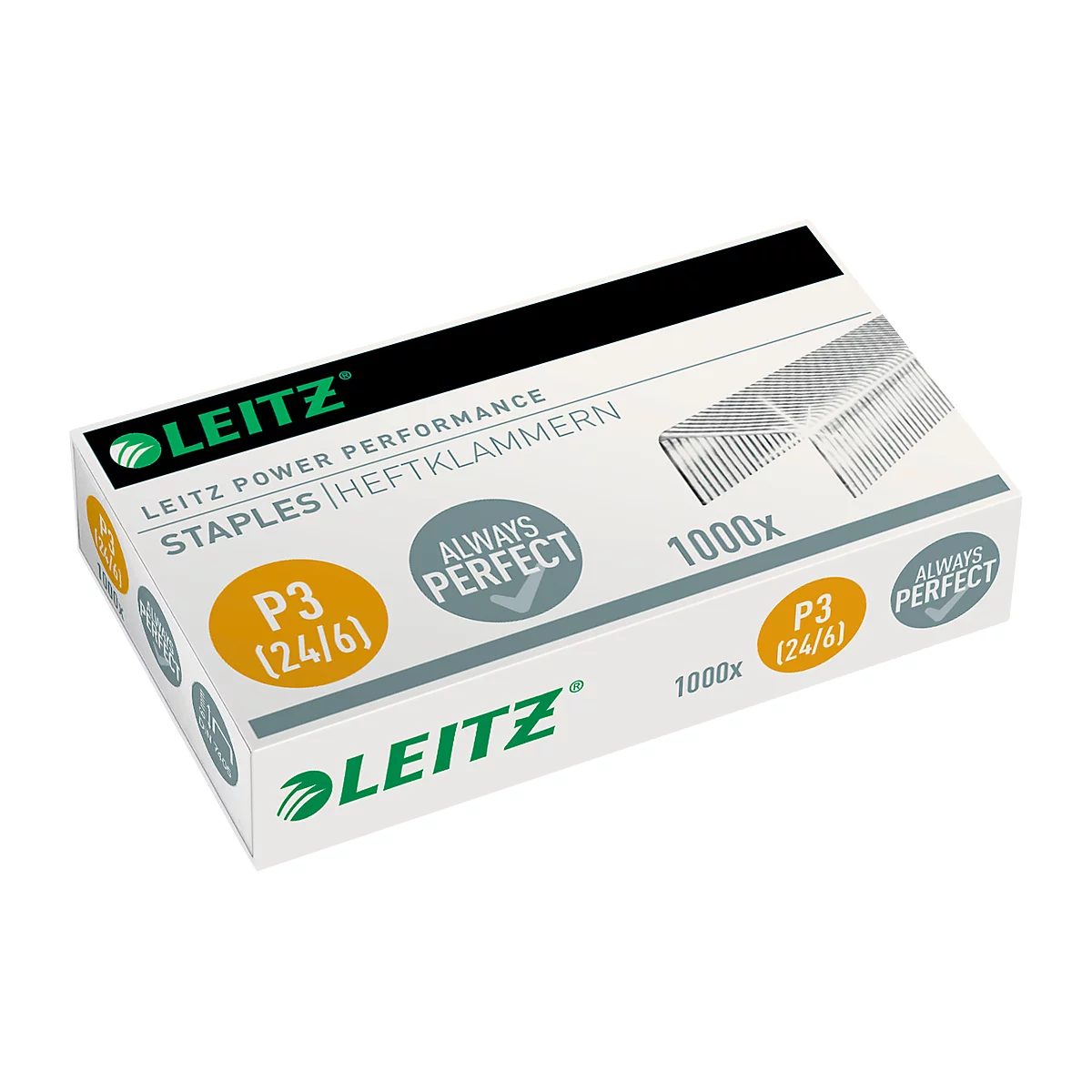 White box of Leitz staples. Printed: P3, 1000 pieces. Logo and lettering in green and black.