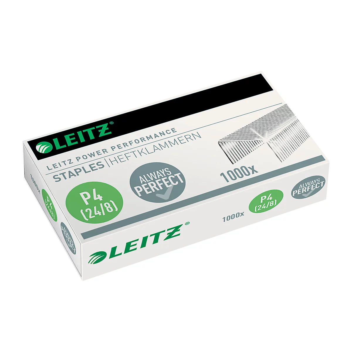 Box of Leitz staples. Inscription: 'LEITZ, STAPLES, P4 (24/8), Always Perfect' and '1000x'.