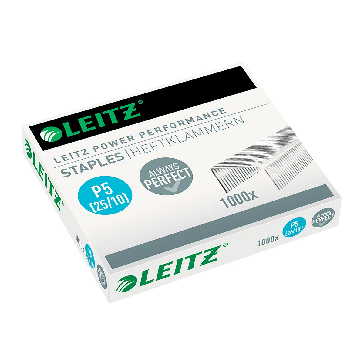 A box of Leitz staples. Printed: "P5 (25/10)" and "1000x".
