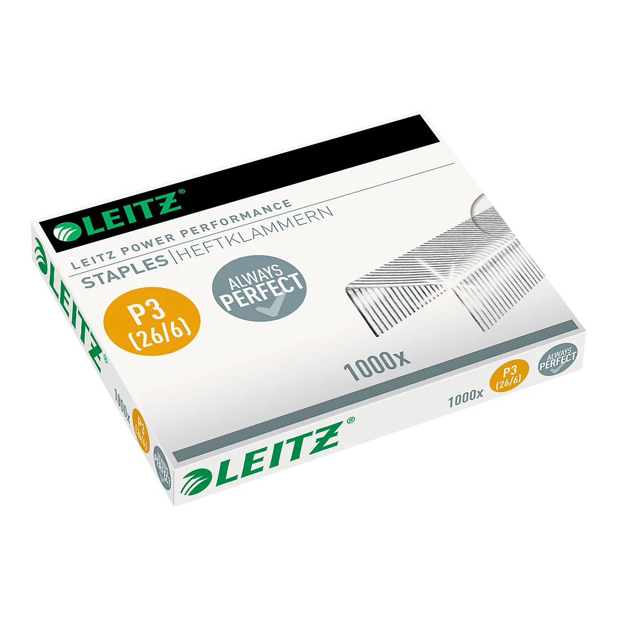 A box of Leitz staples. Inscription: P3 (26/6), 1000x, Always Perfect.
