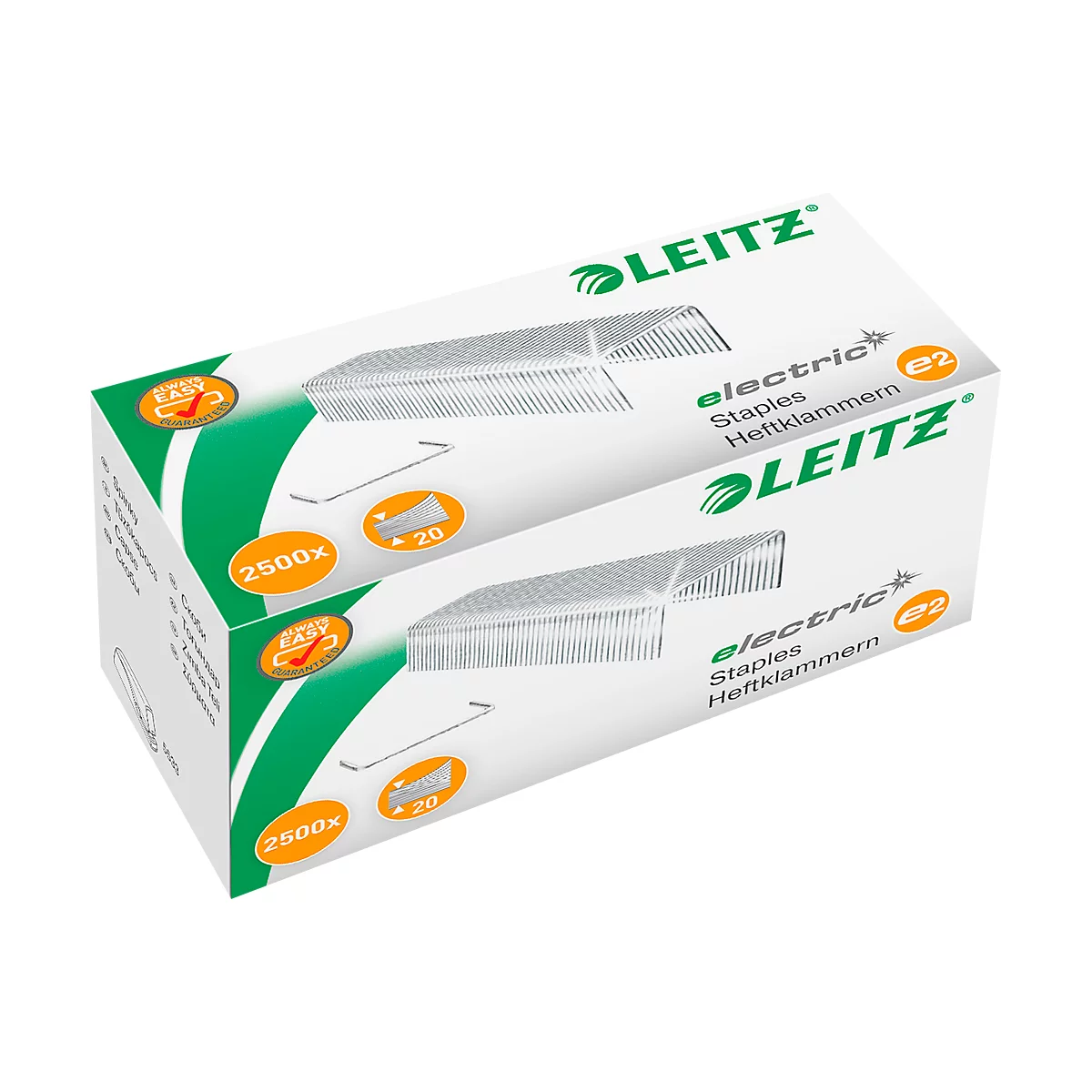 White box of LEITZ staples. Text: electric, Staples, Heftklammern. Green and orange accents.