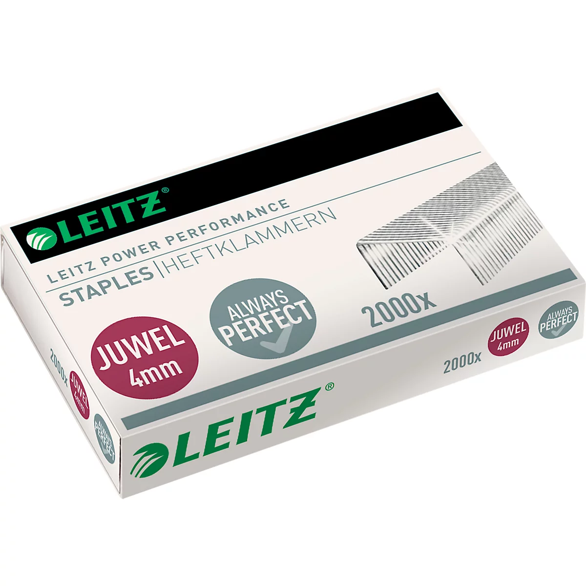 A box of Leitz staples. The packaging indicates the model, size, and quantity.