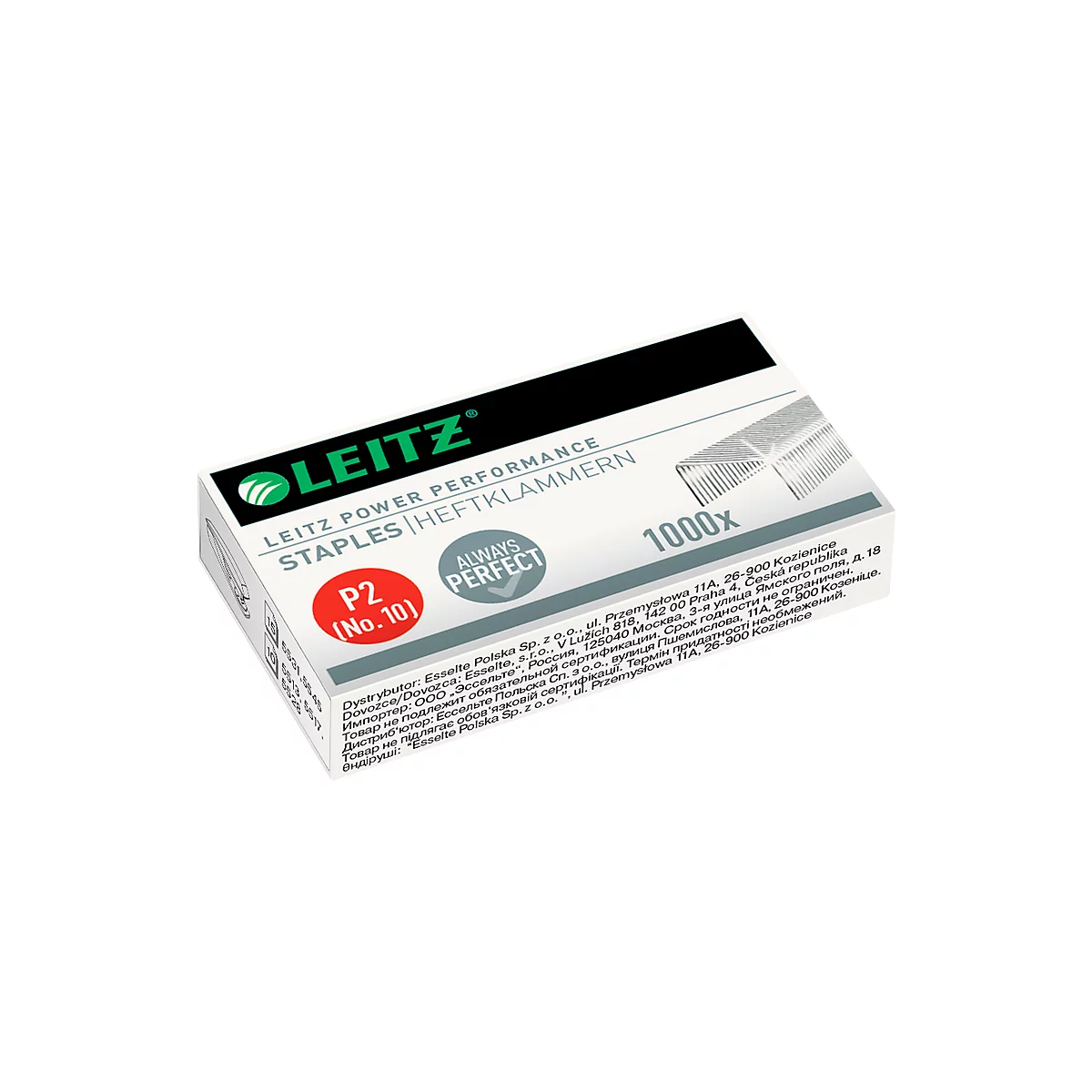 A pack of Leitz staples. Inscription: "P2 (No. 10)", "1000x" and "ALWAYS PERFECT".