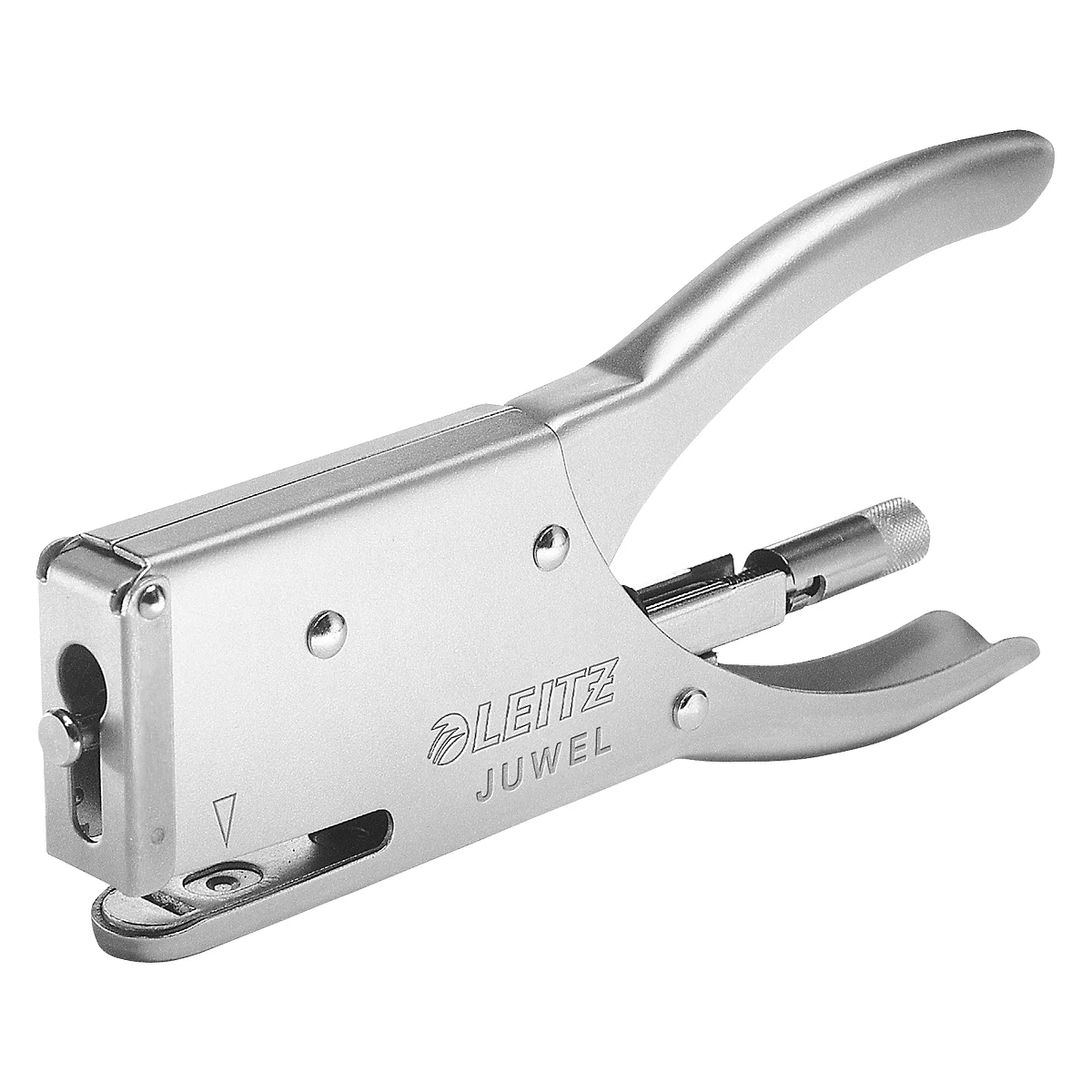 Silver stapler with LEITZ JUWEL lettering. The stapler has a lever action.
