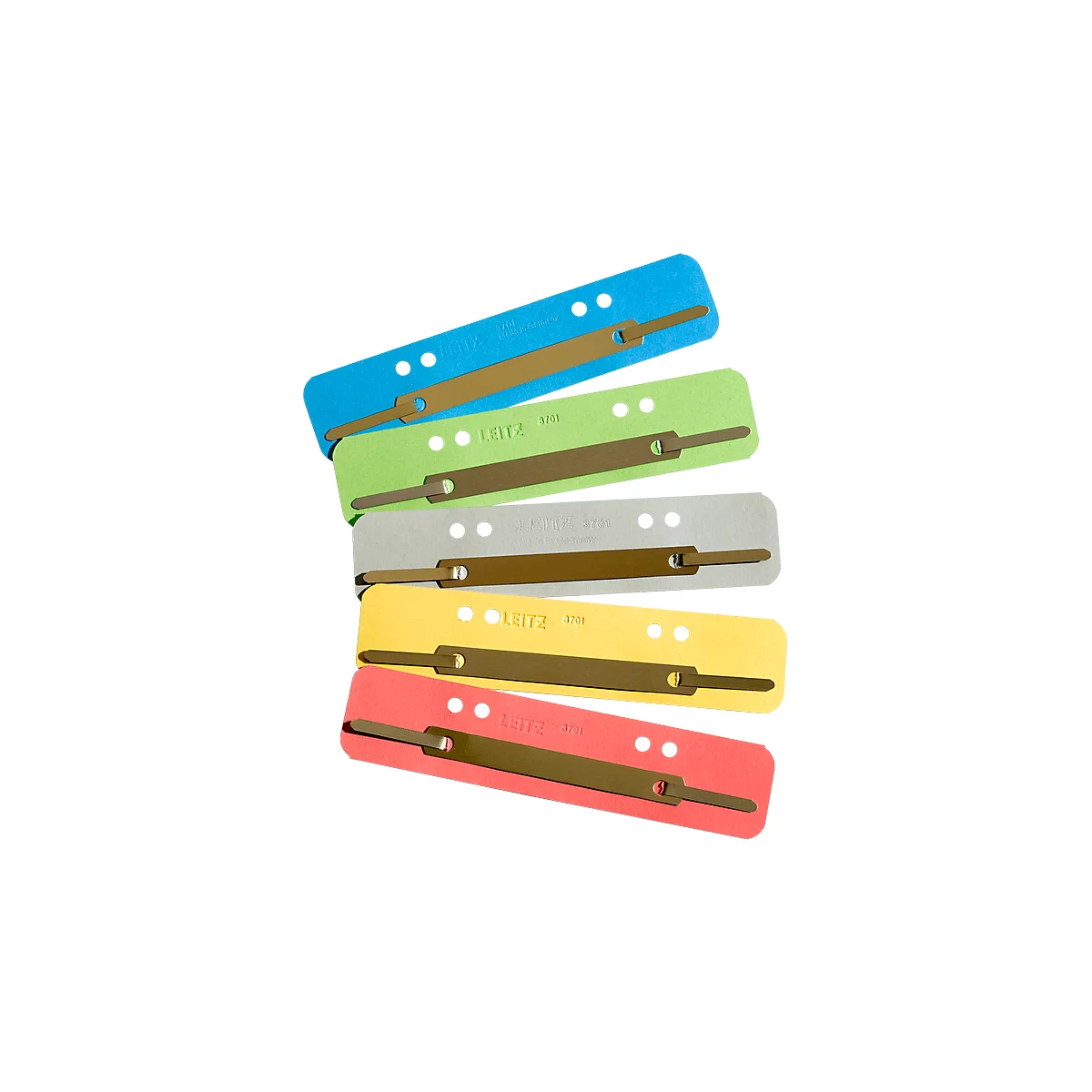Colorful file folder levers with gold-colored clamps. Inscription: Leitz 3701. Blue, green, gray, yellow, red.