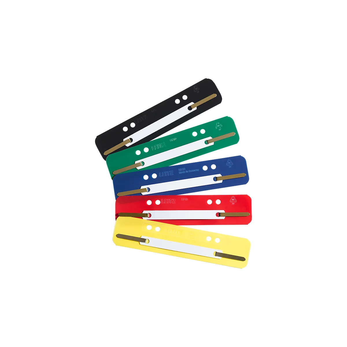 Various coloured Leitz binder bars lying on top of each other.