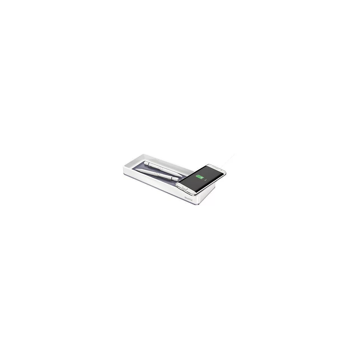 Leitz Stifteschale WOW Duo Colour, Qi-Induktionsladegerät, Polystyrol, B 26,6 x H 2,8 x T 10,1 cm, grau/weiß