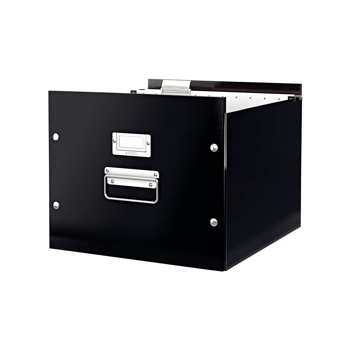 Black file cabinet with an open drawer. A handle and a label plate are on the drawer.