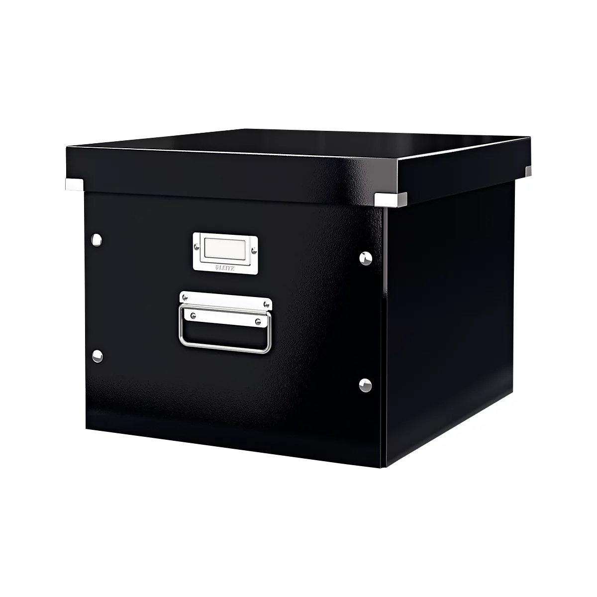 Black, square archive box with lid and metal handles. A name tag is attached.