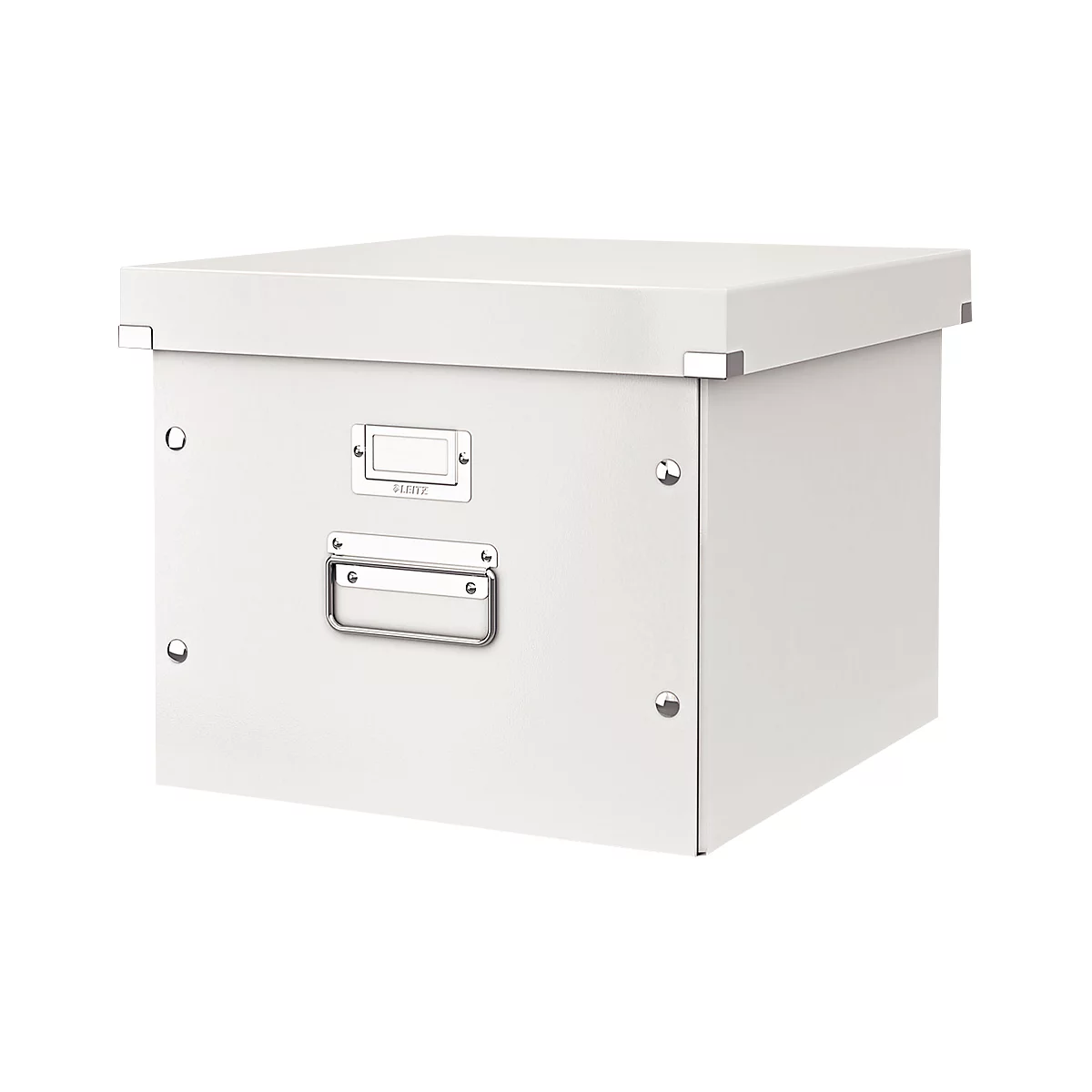 White file box with lid, metal handles and label holder.
