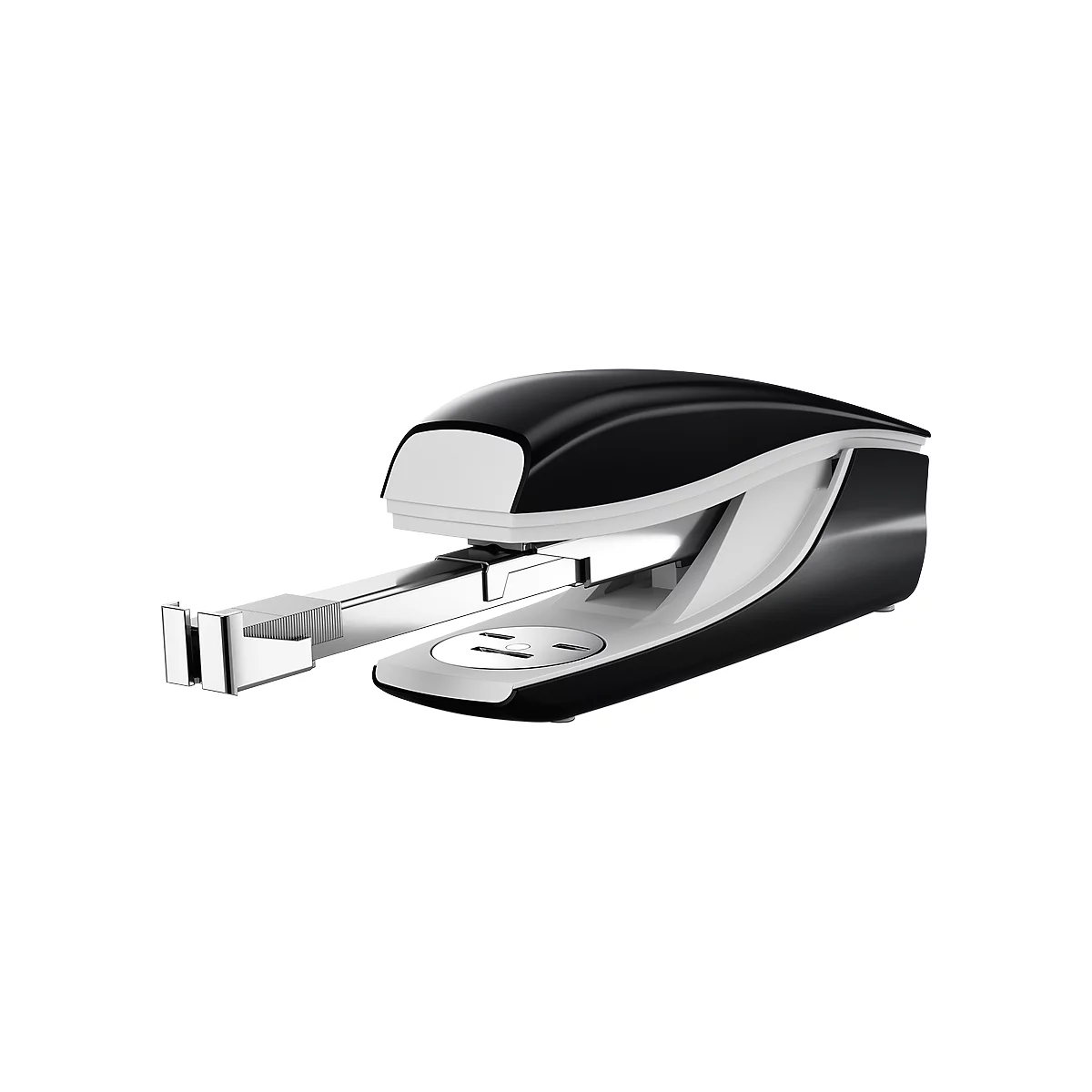 A black and white stapler with a metallic clamp on a white background.
