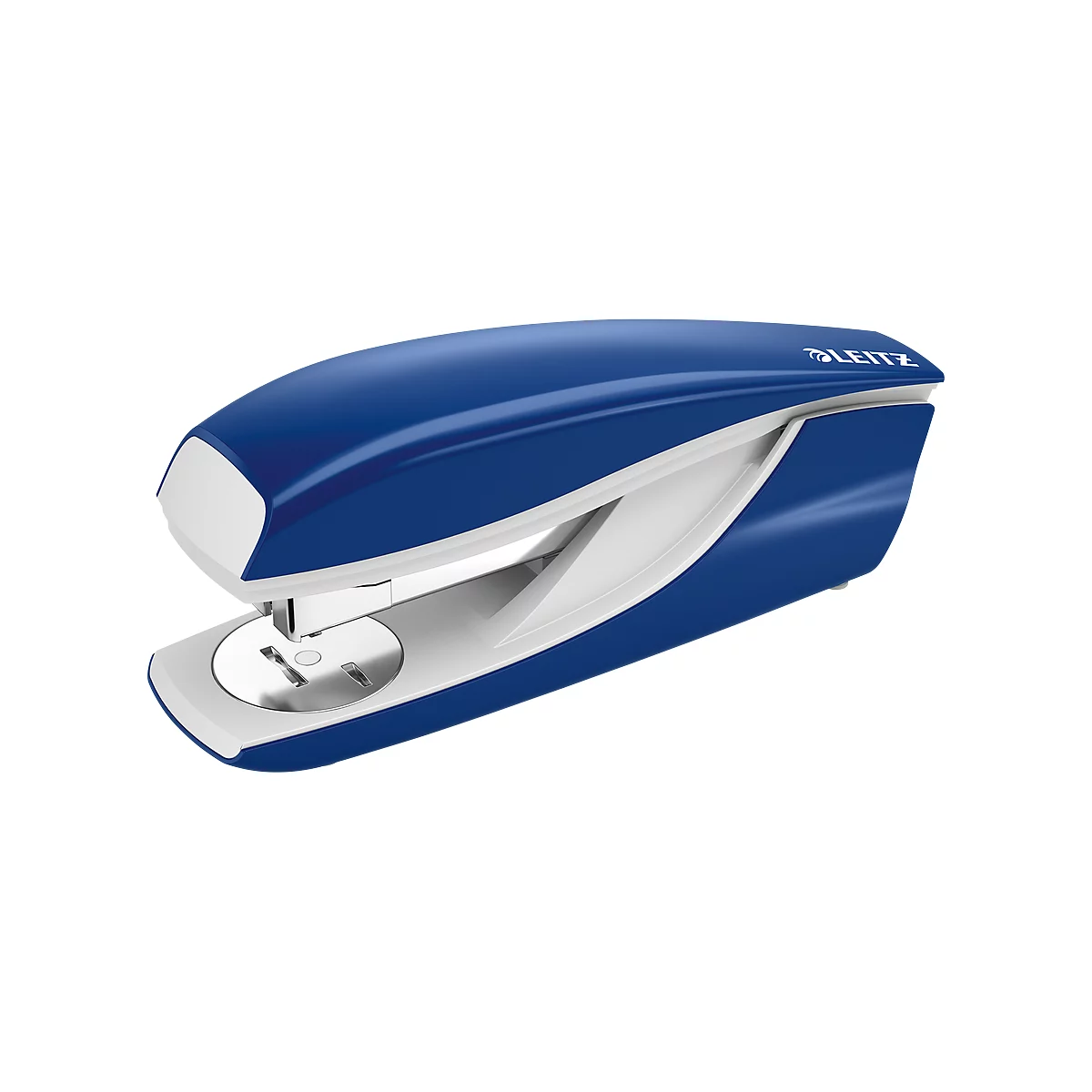 Blue and white stapler with silver metal parts. The brand logo 'LEITZ' is visible.