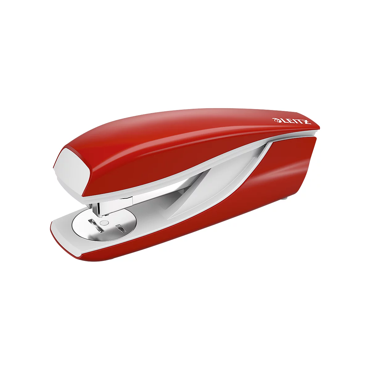 Red stapler with white frame. Leitz brand. Front view.