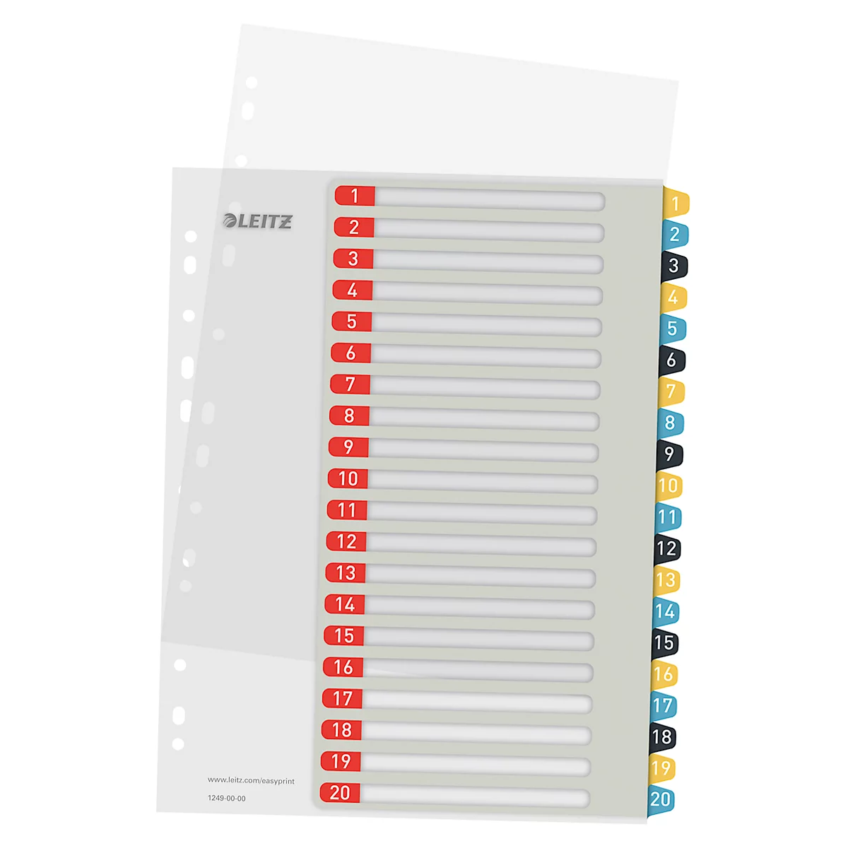 Leitz® tabbladen Cosy, A4 extra breed, beschrijfbaar, universeel ponsen, vervangbaar dekblad, polypropyleen, gekleurde tabbladen 1-20