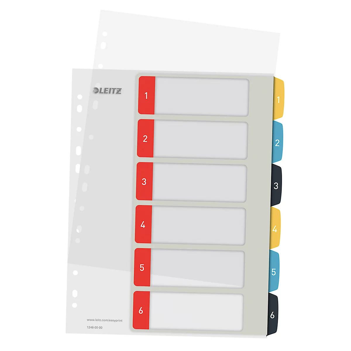 Leitz® tabbladen Cosy, A4 extra breed, beschrijfbaar, universeel ponsen, vervangbaar dekblad, polypropyleen, gekleurde tabbladen 1-6