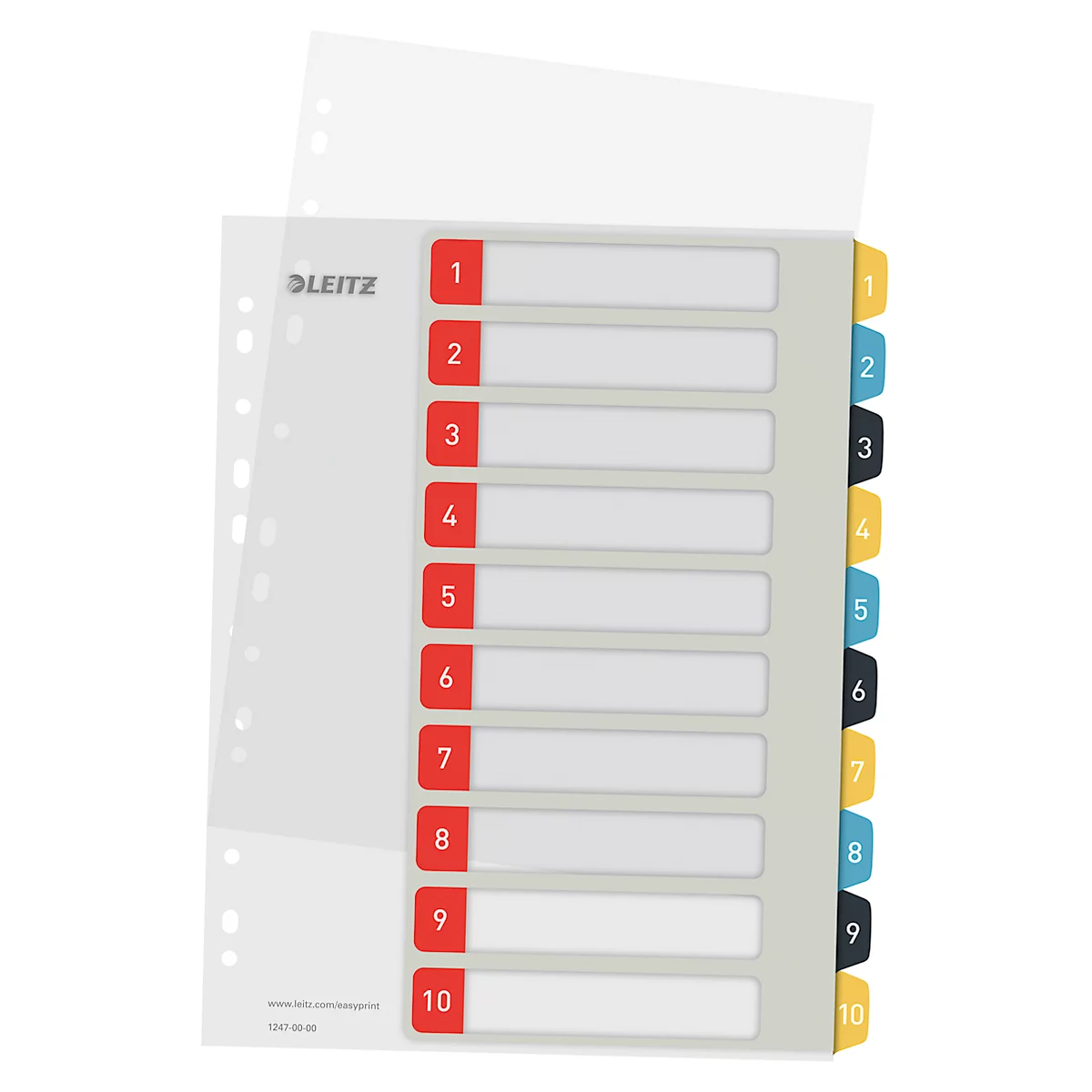 Leitz® tabbladen Cosy, A4 extra groot, beschrijfbaar, universele perforatie, verwisselbaar voorblad, polypropyleen, gekleurde tabbladen 1-10