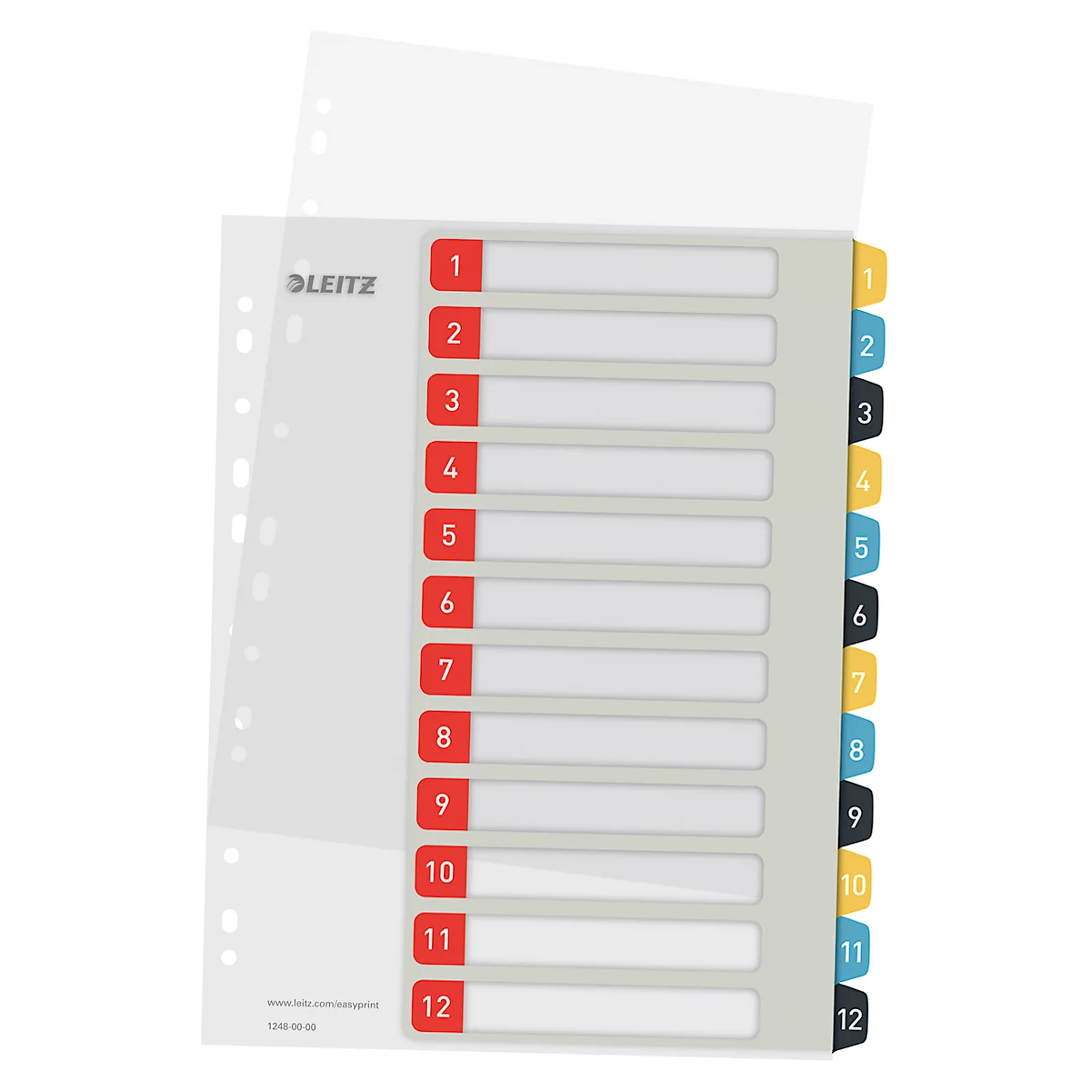 Leitz® tabbladen Cosy, A4 extra groot, beschrijfbaar, universele perforatie, verwisselbaar voorblad, polypropyleen, gekleurde tabbladen 1-12