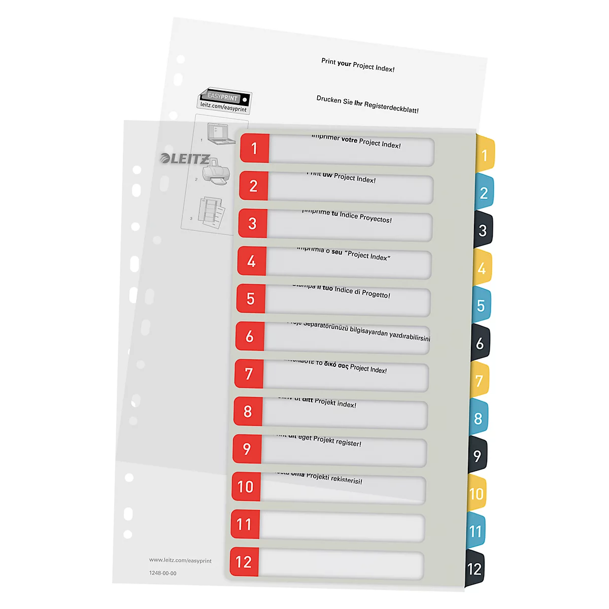 Leitz® tabbladen Cosy, A4 extra groot, beschrijfbaar, universele perforatie, verwisselbaar voorblad, polypropyleen, gekleurde tabbladen 1-12