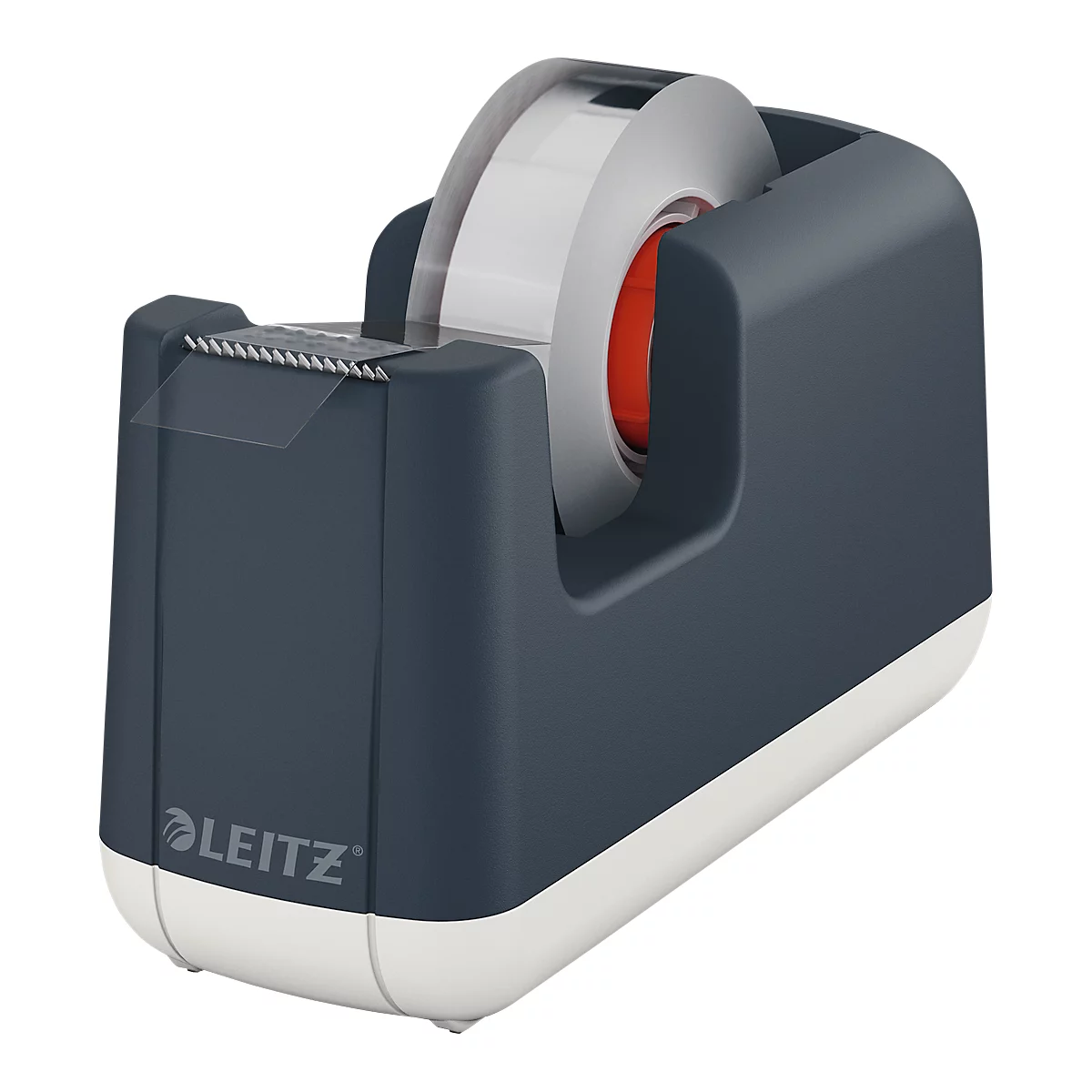Dark blue tape dispenser with Leitz logo. A light tape is inserted. The base is white.