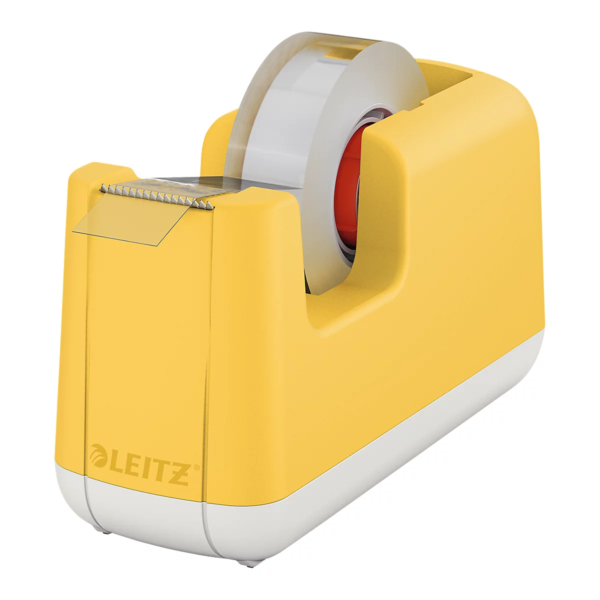 Yellow tape dispenser with a white bottom and transparent tape, brand LEITZ.