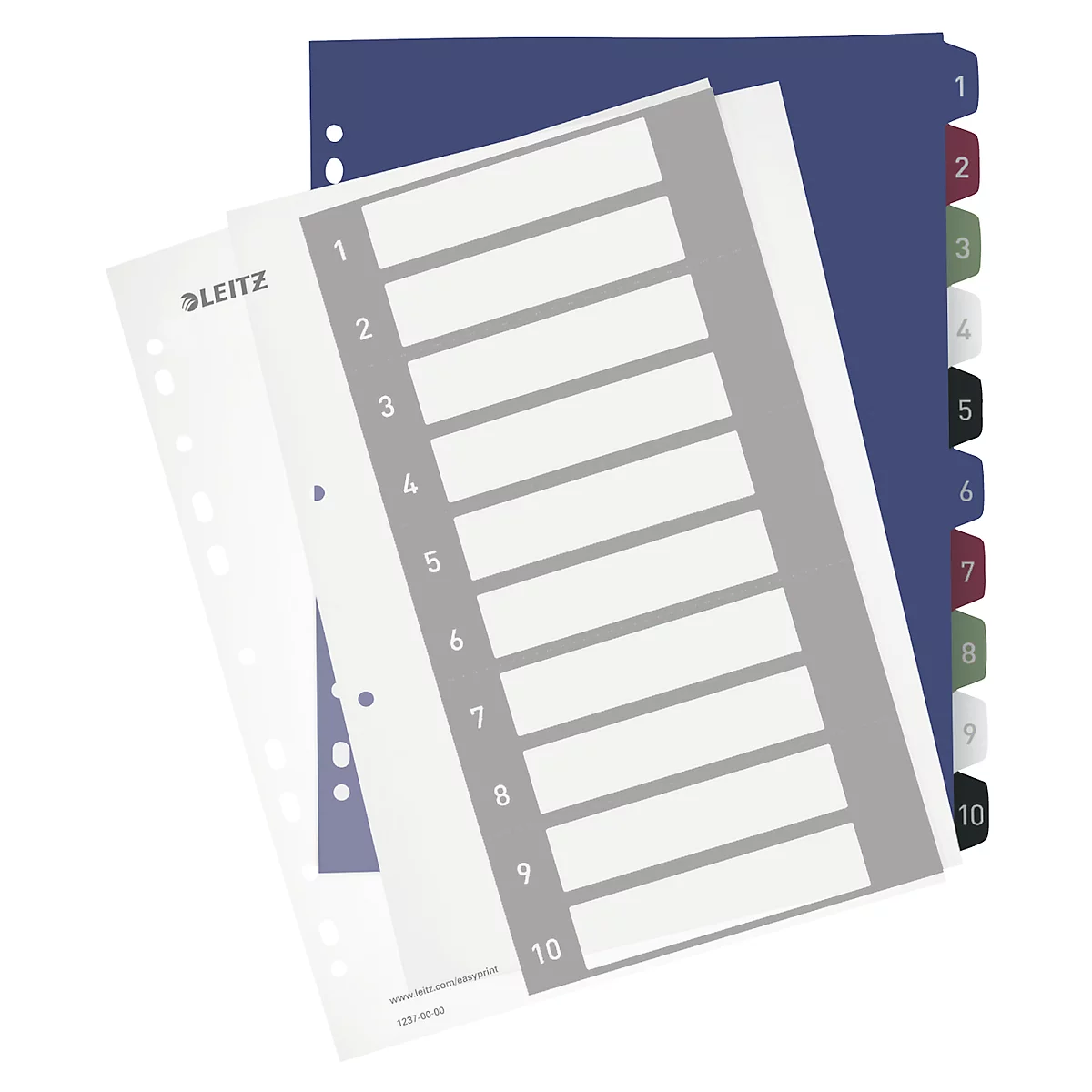 Light blue index cards with numbers 1-10. The manufacturer is LEITZ.