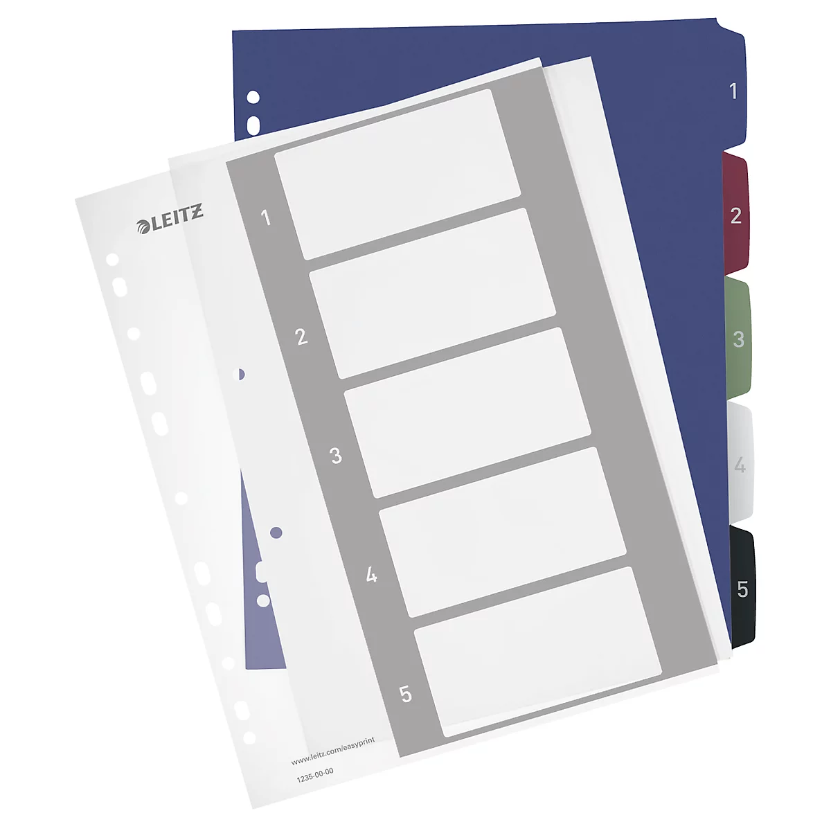 Multi-part folder dividers with numbers 1-5. In white, grey, blue, green, red and black. Marked with LEITZ.