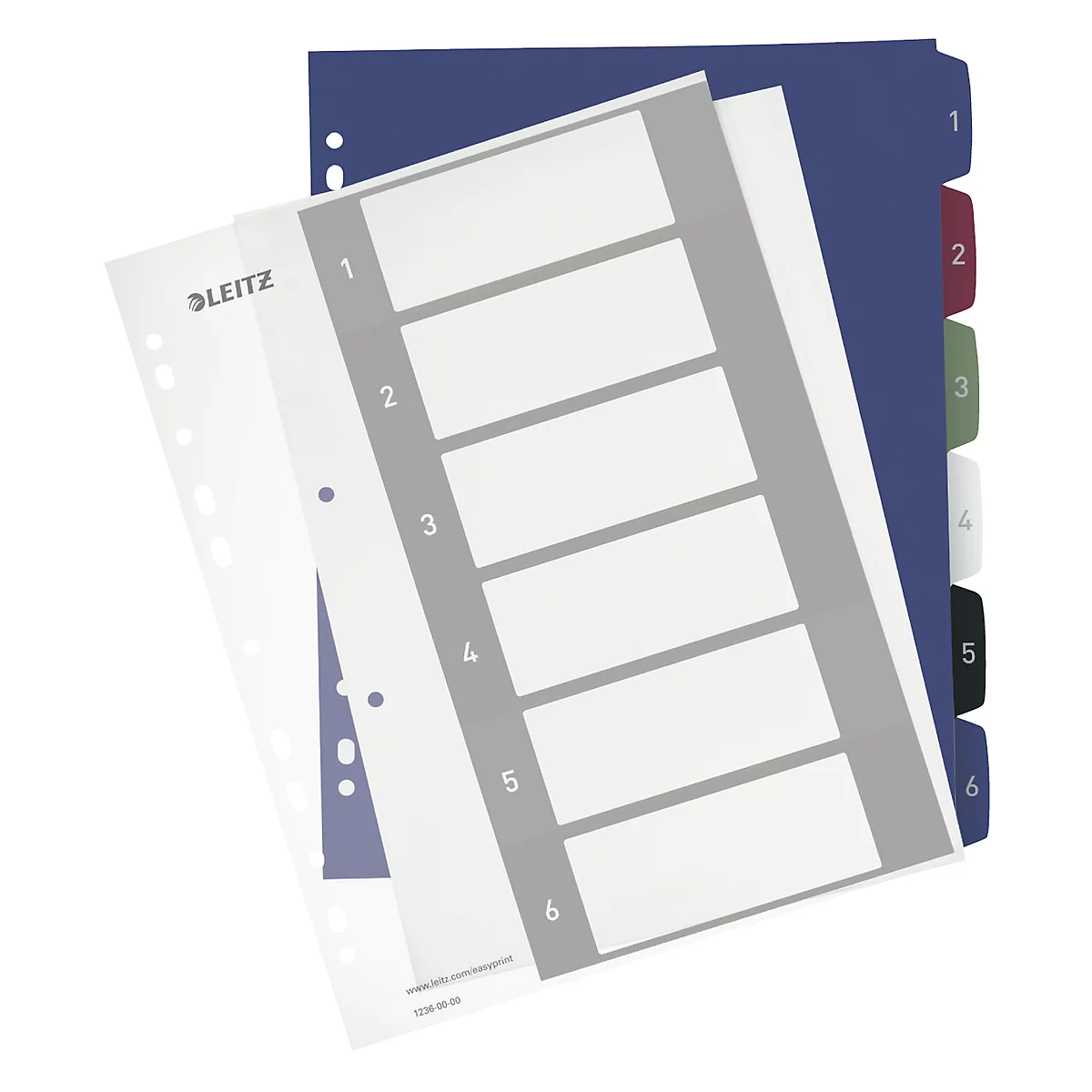File folder dividers with six numbered tabs, plus punched sheets and a blue folder tab with colored markings.