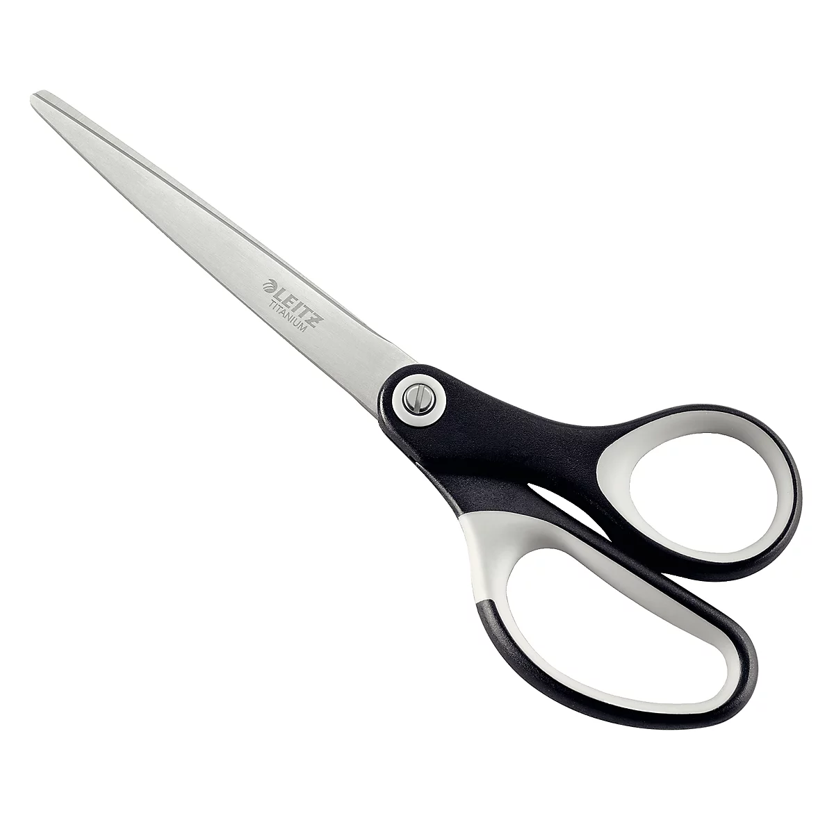Schaar met zwarte handgrepen en zilverkleurige bladen. De merknaam "LEITZ" is erop gedrukt.