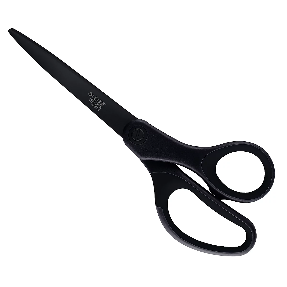 Zwarte schaar met titanium messen. De merknaam "LEITZ" is zichtbaar op het mes.
