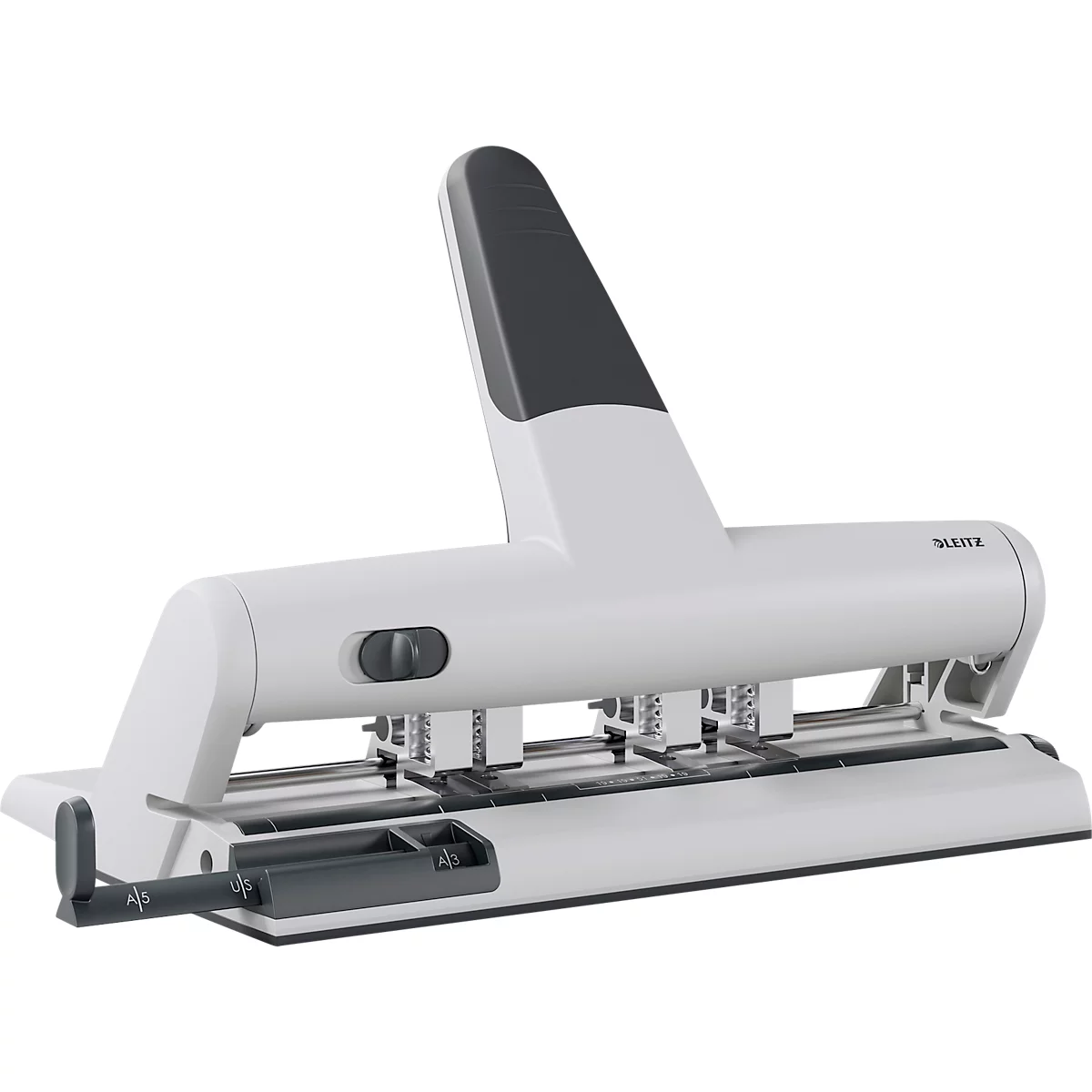 White and grey hole punch with a darker handle. Three punch heads in the center, manufacturer Leitz.