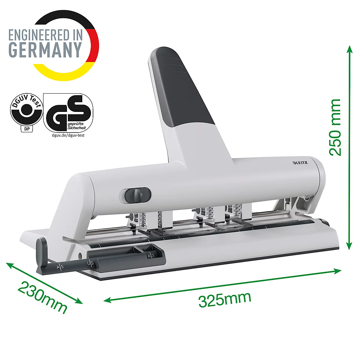 White paper punch with dimensions. Inscription: "Engineered in Germany".