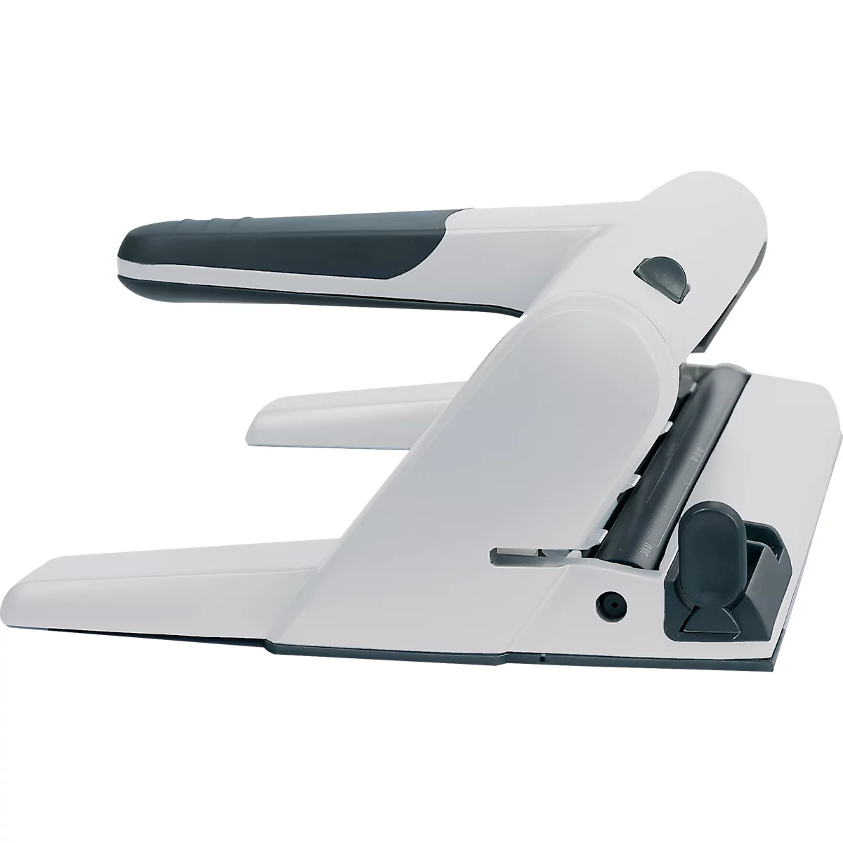 White and gray hole punch, detailed shot. The handle is dark gray and ergonomically shaped.