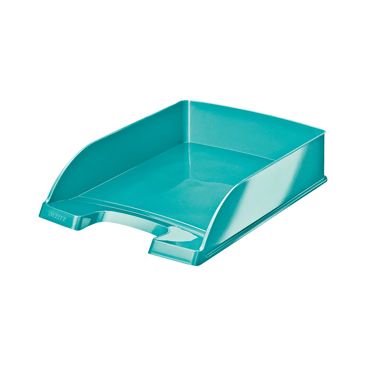 Teal paper tray with rounded edges. "LEITZ" is embossed on the left side.