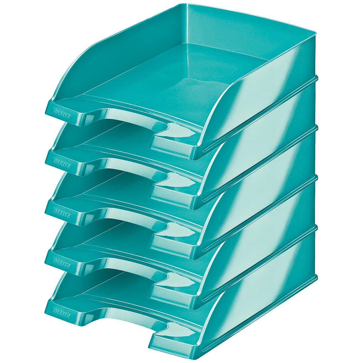 Five turquoise document trays, stacked.