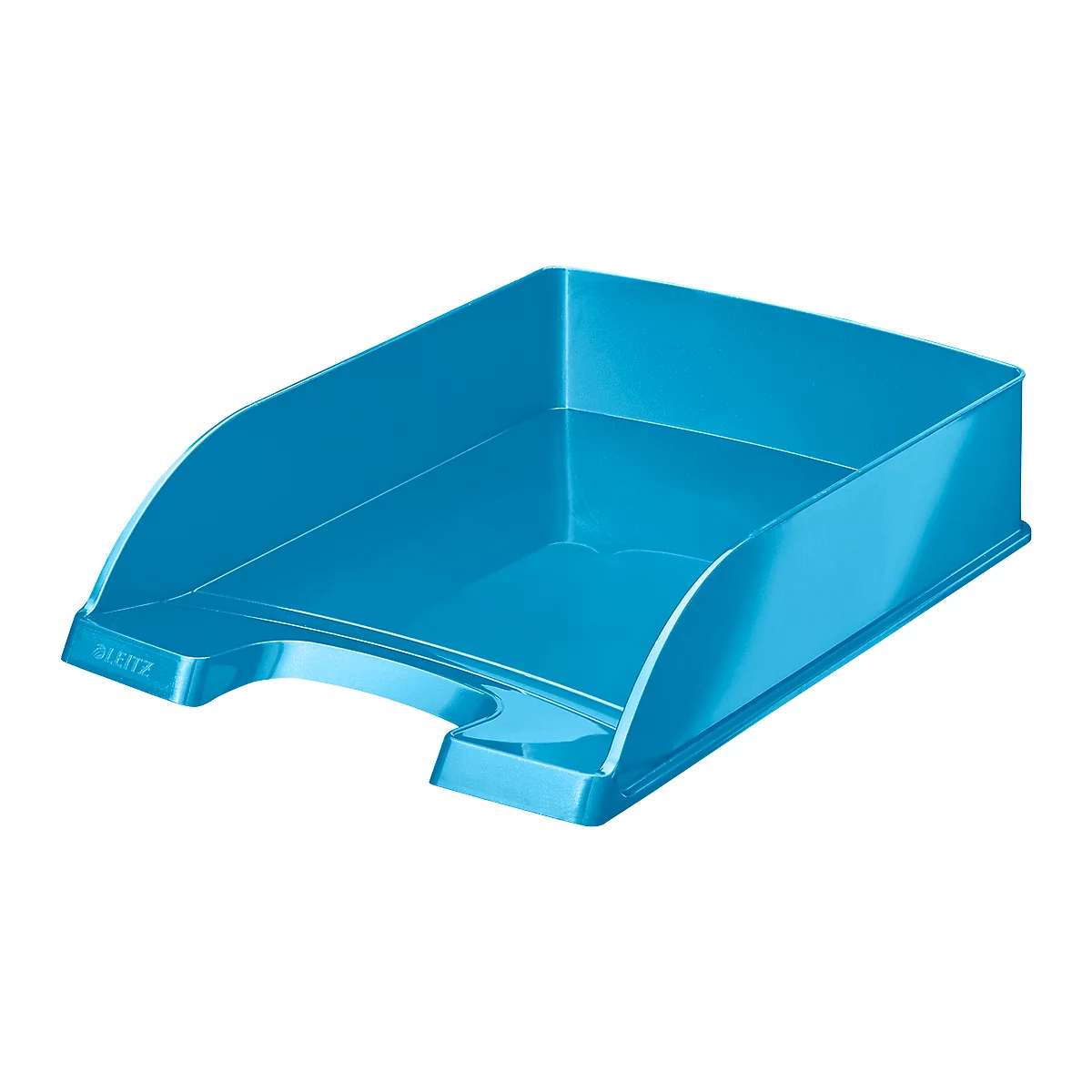 Turquoise-blue desk tray with the word "LEITZ".