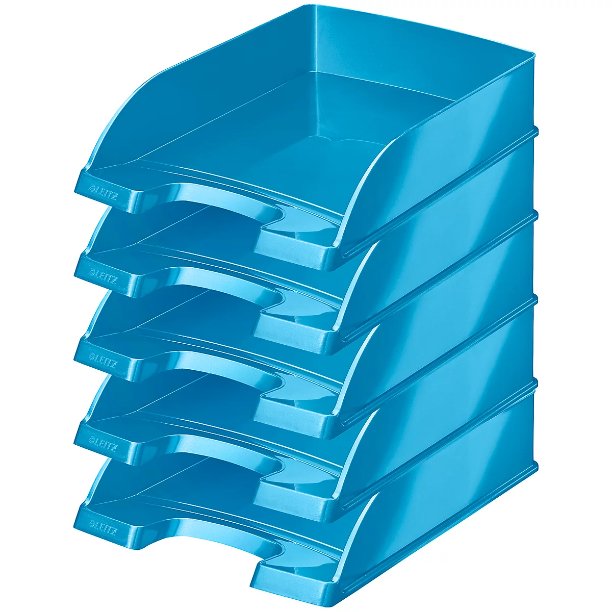 Blue stackable document trays, four pieces, empty. The imprint "Leitz" is visible.