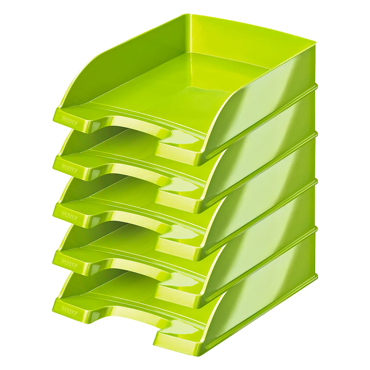 Stack of green paper trays stacked on top of each other. "Leitz" is written on each tray.