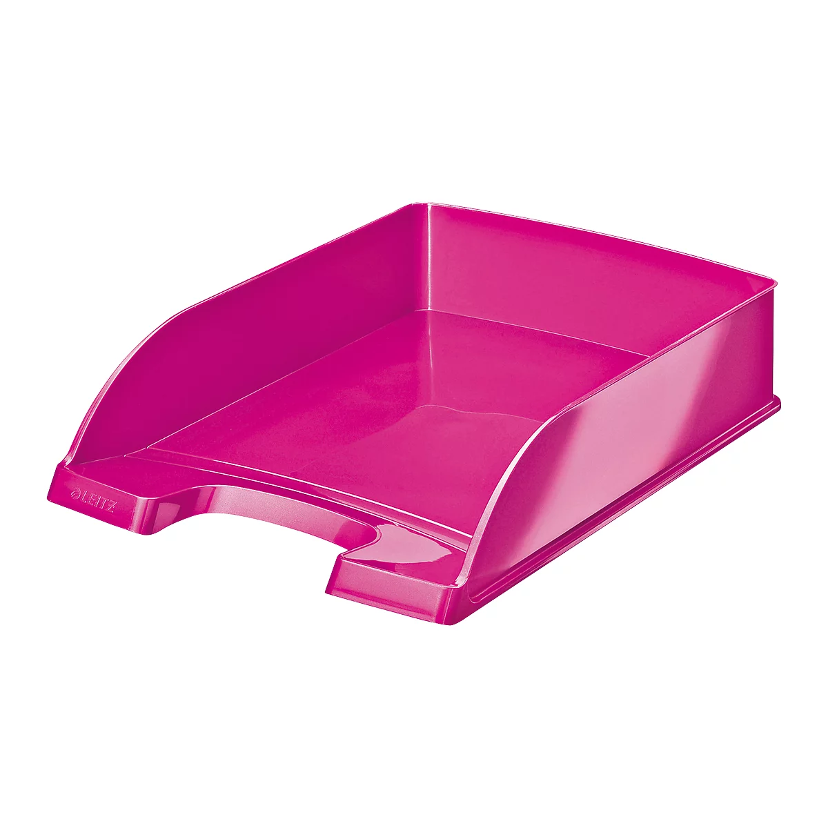 A pink letter tray, photographed at an angle from above.