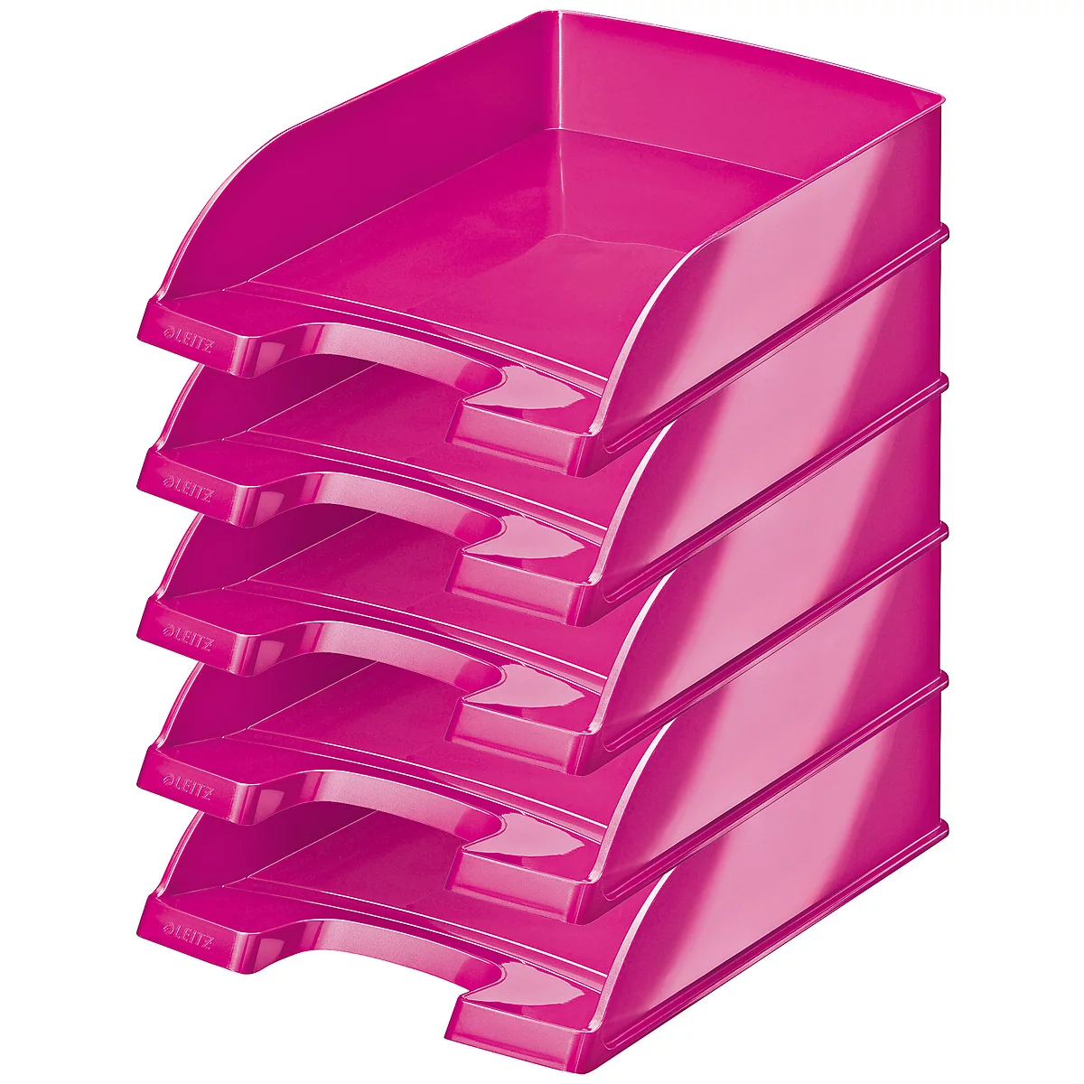 Five pink plastic document trays stacked. They are slightly curved and have a recess at the bottom.