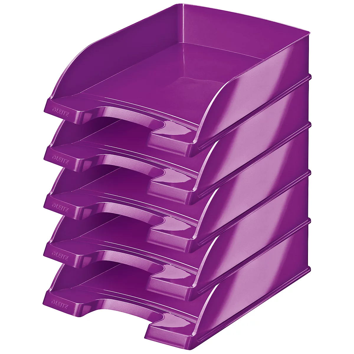 Stack of purple document trays. Each tray has a slightly curved front.