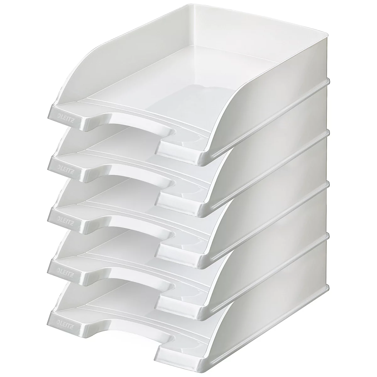 White, stackable file tray system with five compartments.