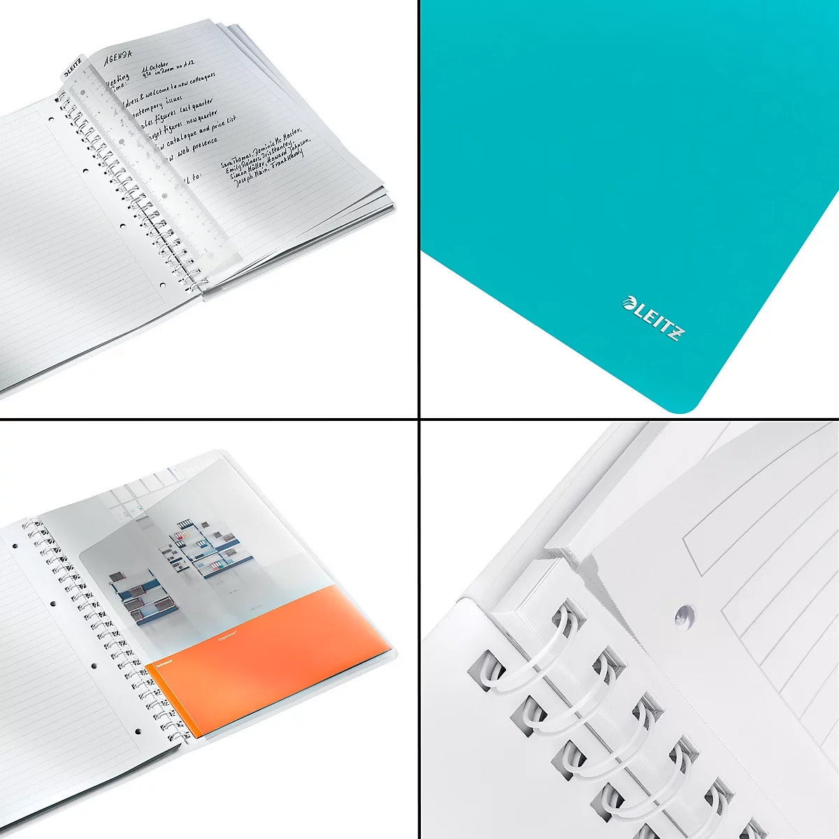 Collage van notitieboekdetails. Geopende spiraalbinding, tekst, oranje vak en Leitz-logo.